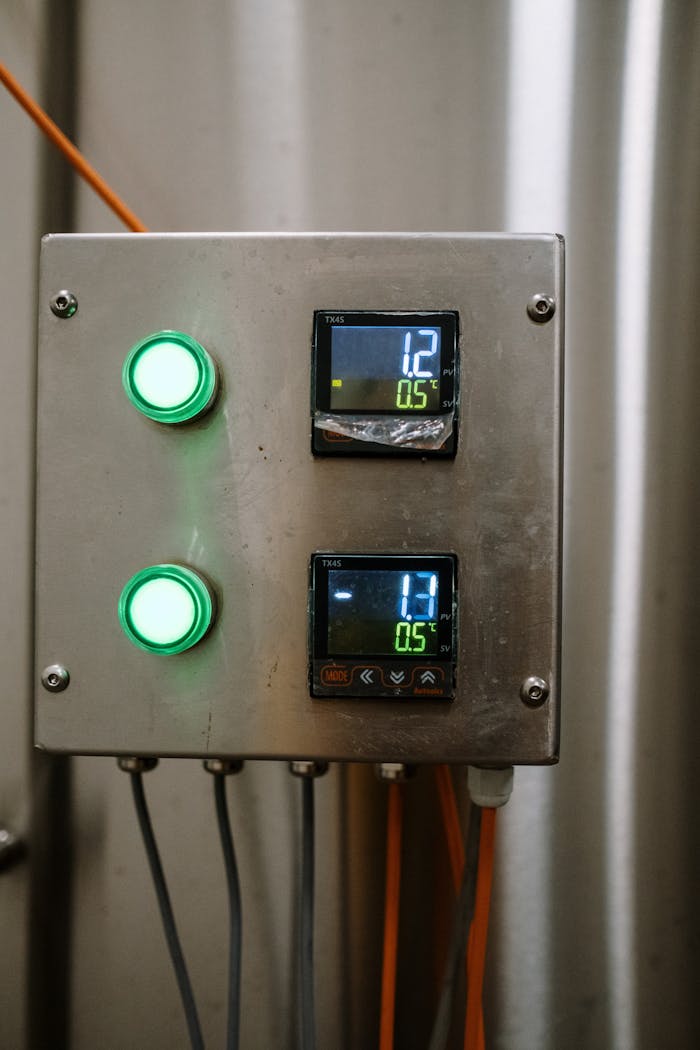 Close-up of a stainless steel control panel with digital displays and buttons indoors.